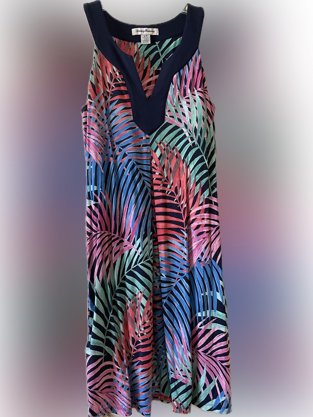 Tommy Bahama Navy-Trim Multicolor Tropical Palm Sleeveless Dress Sz S/P